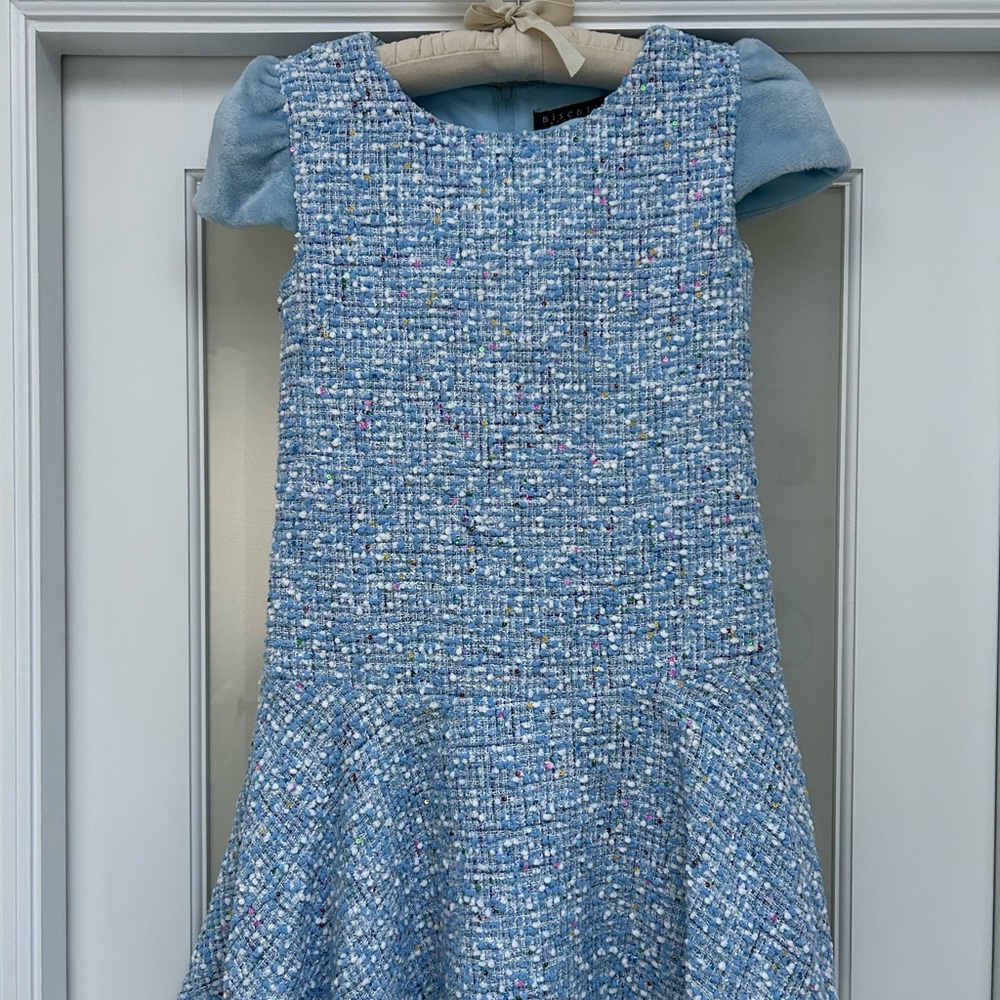 Girls Elegant Blue Tweed Boucle Dress